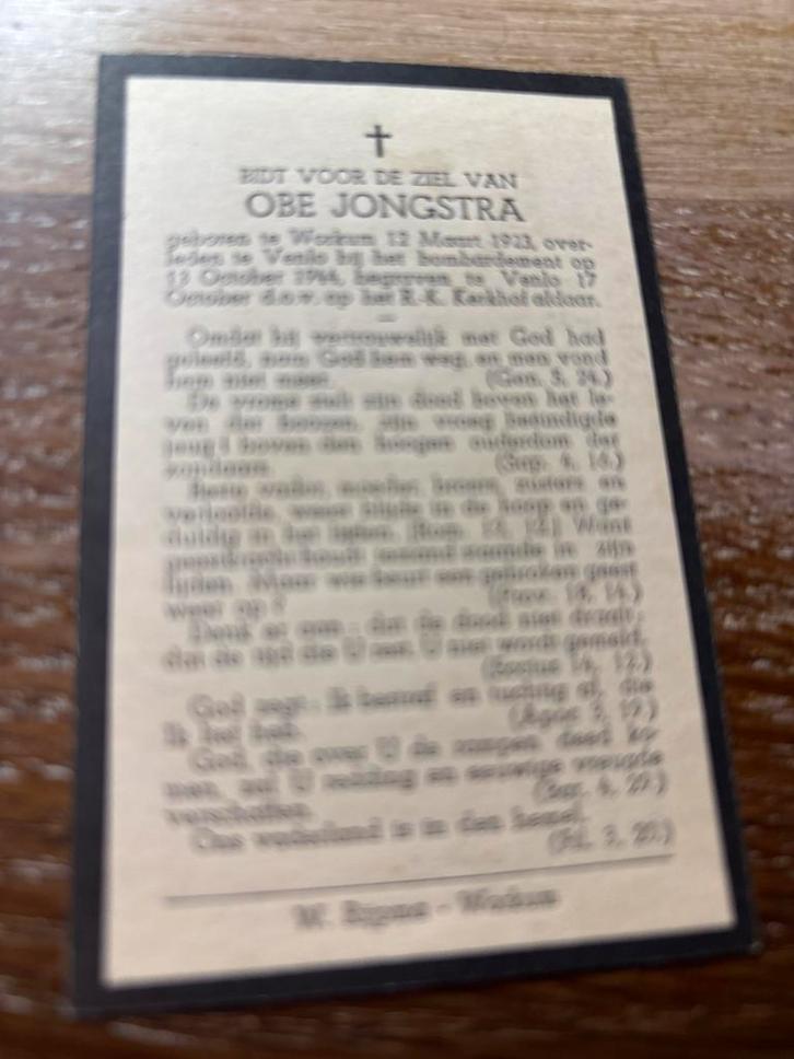 oorlog- Jongstra Obe 1923 Workum 1944 Venlo - 27105, Verzamelen, Bidprentjes en Rouwkaarten, Bidprentje, Verzenden