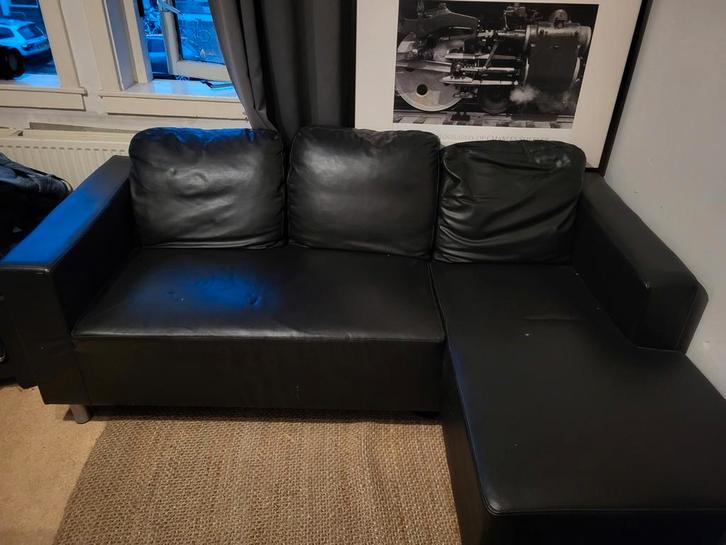 Zwart leren hoekbank, Huis en Inrichting, Banken | Complete zithoeken, Gebruikt, Leer, Ophalen