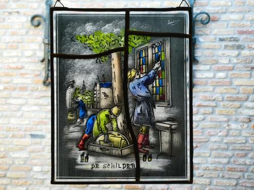 Een glas in lood raamhanger van de schilder gesigneerd, Antiek en Kunst, Curiosa en Brocante, Ophalen of Verzenden