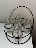 Vintage glazen flesjes in metalen houder vaas vaasje metaal, Gebruikt, Overige kleuren, Ophalen of Verzenden, Glas