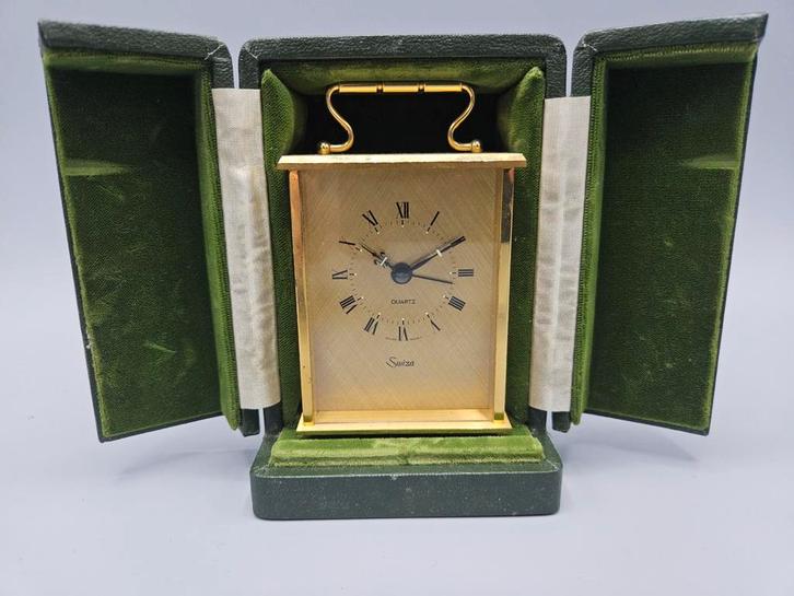 Vintage Swiza Reiswekker met Groenleren Etui, Antiek en Kunst, Antiek | Klokken, Ophalen of Verzenden
