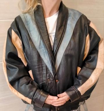 Vintage Leren Jas Maat L - Zwart, Blauw, Cognac beschikbaar voor biedingen