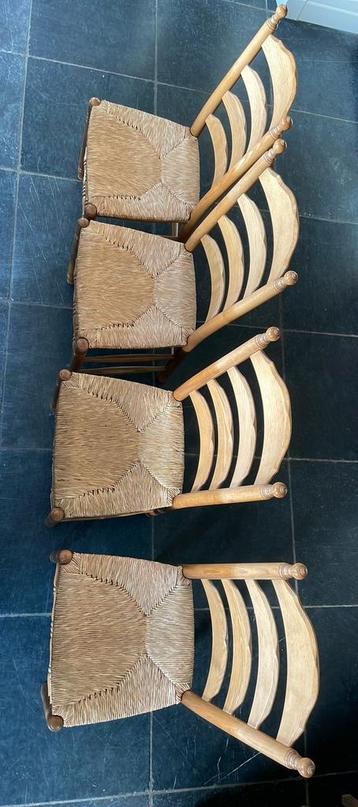 4 Blank eiken Oud Hollandse knopstoelen met biezen zitting