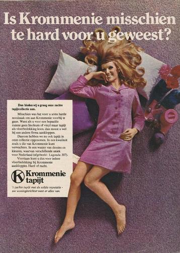 Retro reclame 1969 Krommenie tapijt in het paars beschikbaar voor biedingen