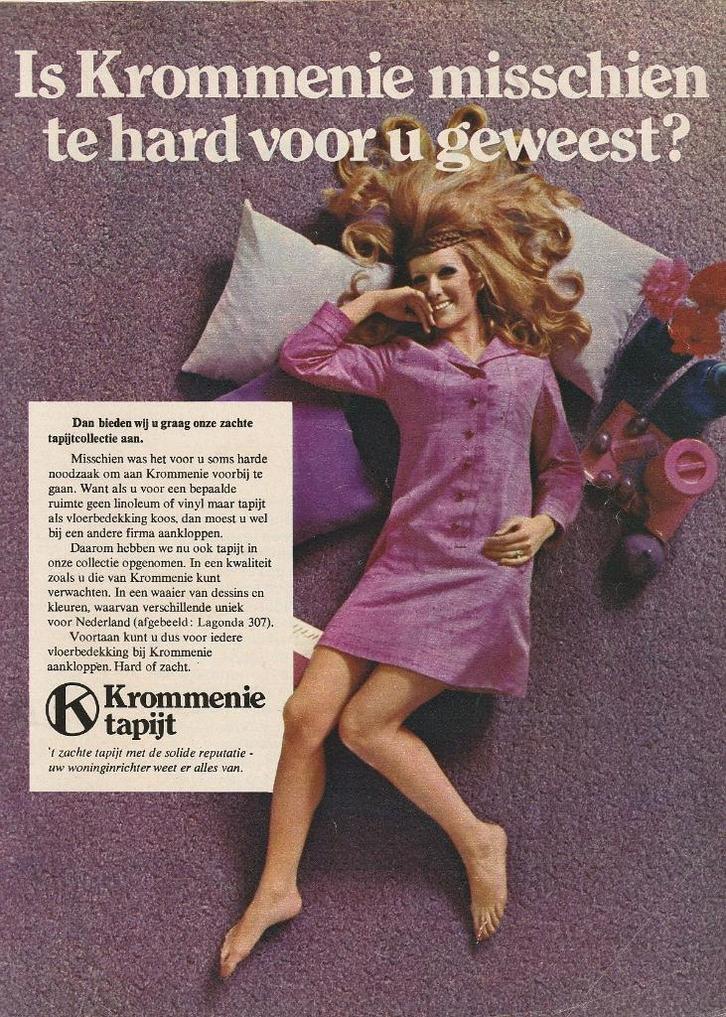 Retro reclame 1969 Krommenie tapijt in het paars, Verzamelen, Retro, Overige typen, Verzenden