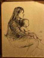 Vintage tekening moeder met kind, Ophalen of Verzenden