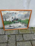Klassiek Hollands Landschap Schilderij met Molen en Boten, I, Antiek en Kunst, Ophalen of Verzenden