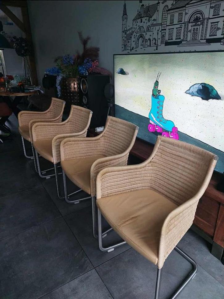 Design Eetkamerstoelen met Chrome Onderstel, Huis en Inrichting, Stoelen, Gebruikt, Vier, Metaal, Riet of Rotan, Bruin, Ophalen