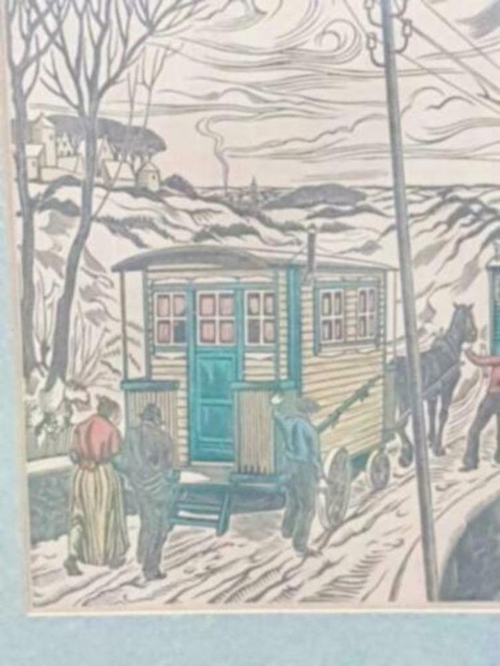 houtsnede woonwagens in de winter Jan Franken Pzn., Antiek en Kunst, Kunst | Etsen en Gravures, Ophalen