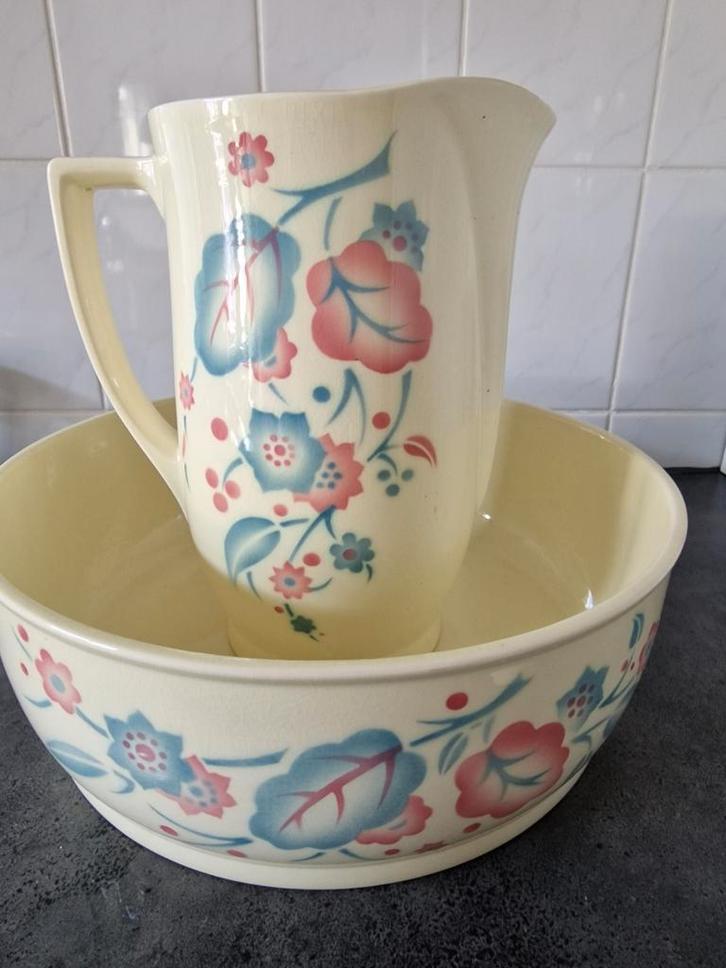 Vintage Lampetstel - Kan, Kom & Zeepbakje, Antiek en Kunst, Antiek | Keramiek en Aardewerk, Ophalen of Verzenden