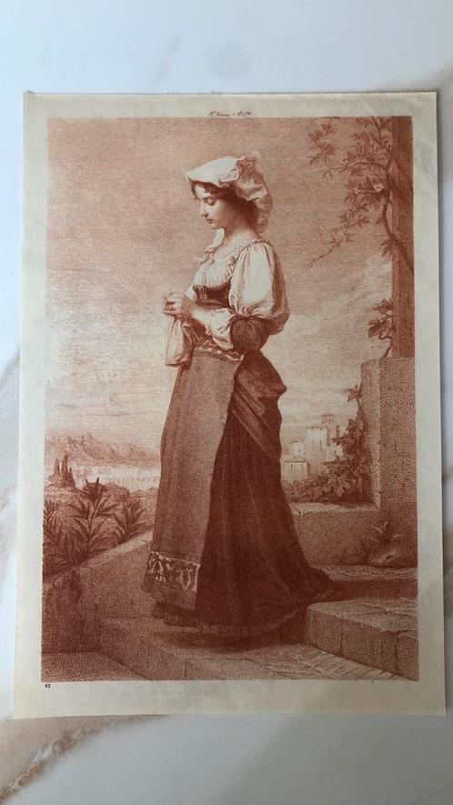 Houtgravure staande jonge vrouw aan het breien, Antiek en Kunst, Kunst | Etsen en Gravures, Ophalen of Verzenden
