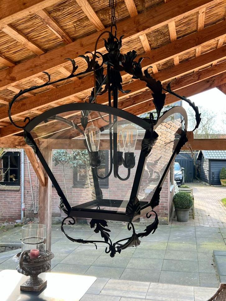 Klassieke Lantaarn Hanglamp, Huis en Inrichting, Lampen | Hanglampen, Gebruikt, 75 cm of meer, Glas, Metaal, Ophalen