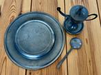 Antieke Tinnen Set : olielamp (snotneus), bord en lepel, Antiek en Kunst, Antiek | Tin, Ophalen of Verzenden
