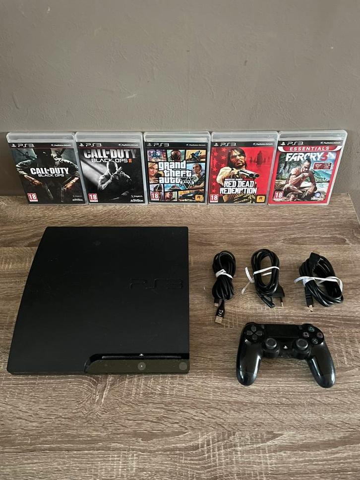 PlayStation 3 Slim bundel met 5 topgames, Spelcomputers en Games, Spelcomputers | Sony PlayStation 3, Gebruikt, Slim, Met 1 controller