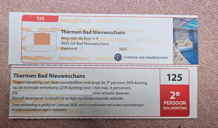 Sauna Thermen Bad Nieuweschans 2e persoon 50% korting., Tickets en Kaartjes, Kortingen en Cadeaubonnen, Spa of Sauna, Kortingsbon