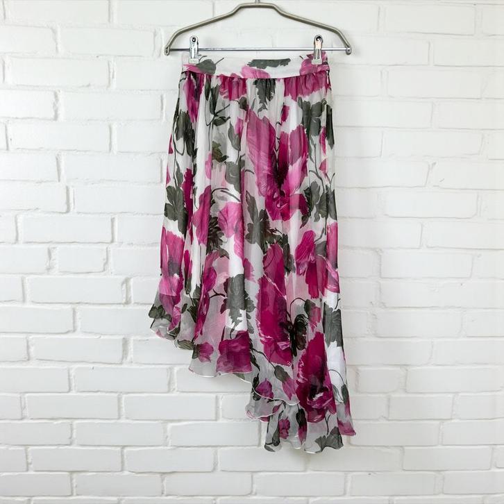 Vintage Rok Maat 38 Wit Roze Bloemenprint Asymmetrisch Zijde, Kleding | Dames, Rokken, Zo goed als nieuw, Maat 38/40 (M), Roze