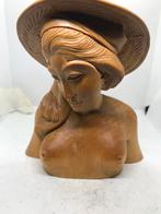 bali indonesie hout snijwerk buste dame met hoed, Ophalen of Verzenden