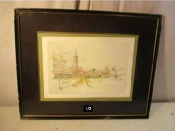 Mooi Geschilderd Aquarel 'Dorpje met Kerk' - Bruynseraede beschikbaar voor biedingen