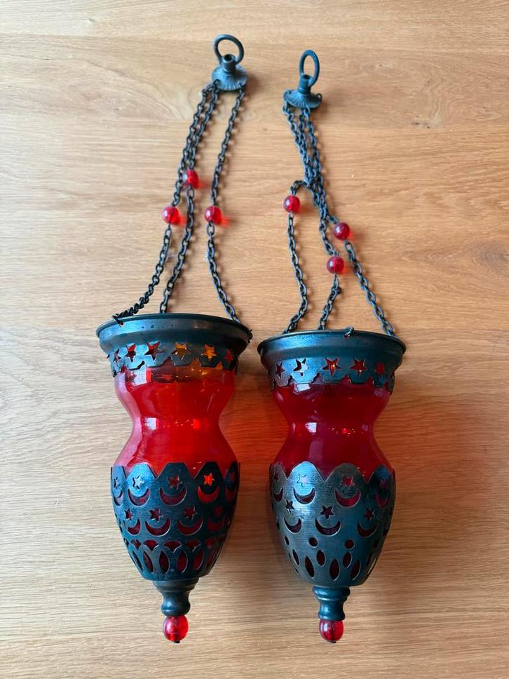 Twee Turkse hanglampjes, Huis en Inrichting, Woonaccessoires | Kandelaars en Kaarsen, Gebruikt, Kaars, Minder dan 25 cm, Metaal