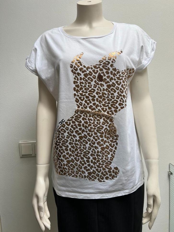 Elisabetta Franchi t-shirt wit opdruk hond + ketting goud 38, Kleding | Dames, T-shirts, Zo goed als nieuw, Maat 38/40 (M), Wit