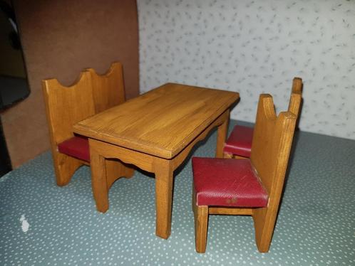 O) eettafel + 4 stoelen /  hout - rood leer schaal 1:12, Verzamelen, Poppenhuizen en Toebehoren, Zo goed als nieuw, Decoratie