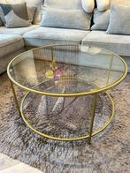 Salontafel/bijzettafel met glas en goudkleurig metaal, Ophalen, 50 tot 100 cm, Rond, Minder dan 50 cm