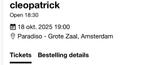Cleopatrick Paradiso 18 Oktober, Tickets en Kaartjes, Eén persoon, Oktober