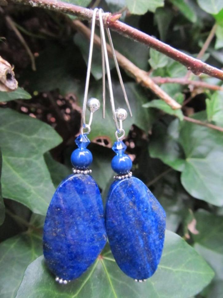 Oorbellen Sigrid lapis lazuli-swarovski parel-kristal zilver, Sieraden, Tassen en Uiterlijk, Edelstenen, Nieuw, Ophalen