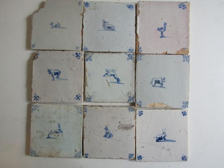 9 stuks antieke diertegels meest 17e eeuws, Antiek en Kunst, Antiek | Wandborden en Tegels, Ophalen of Verzenden