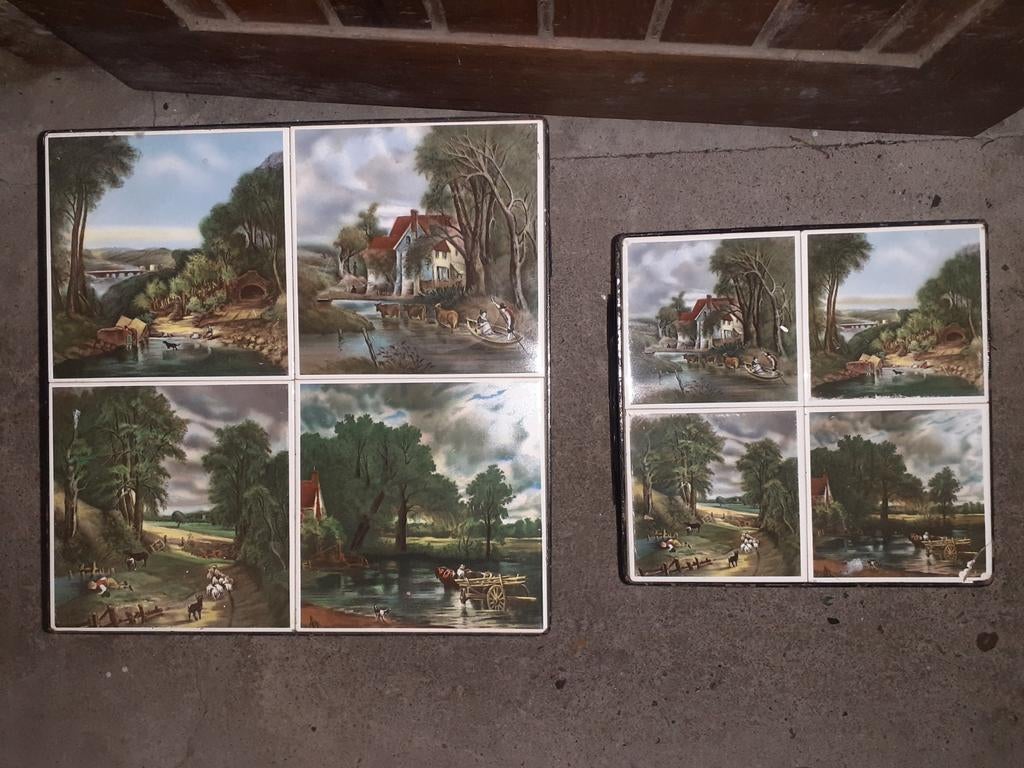 Twee vintage bijzettafels met tegels, Huis en Inrichting, Tafels | Bijzettafels, Gebruikt, Vierkant, Minder dan 45 cm, Minder dan 55 cm