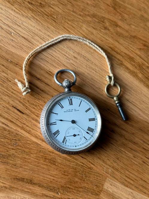 Antiek A.W.W. Co Waltham 925 zilveren zakhorloge met sleutel, Antiek en Kunst, Antiek | Goud en Zilver, Zilver, Verzenden