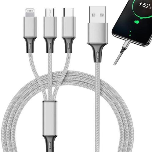 3-in-1 USB-oplaadkabel – 1,2 meter - Type-C - Micro USB, Telecommunicatie, Mobiele telefoons | Telefoon-opladers, Nieuw, Ophalen of Verzenden