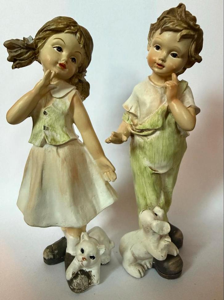 Vintage Beeldjes Jongen en Meisje met Dieren, Antiek en Kunst, Kunst | Beelden en Houtsnijwerken, Ophalen of Verzenden