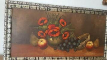 Schilderij Olieverf op hout klaprozen en fruit stilleven beschikbaar voor biedingen