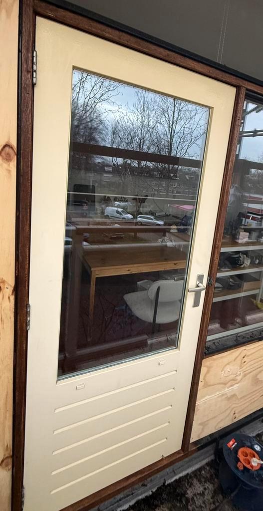 Buitendeur hardhout 201,5 x 83 cm, Doe-het-zelf en Verbouw, Deuren en Horren, Zo goed als nieuw, Buitendeur, 200 tot 215 cm, Glas