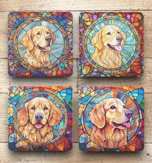 Golden Retriever Glas in Lood onderzetters met houder, Huis en Inrichting, Woonaccessoires | Onderzetters, Nieuw, Glas of Kopje
