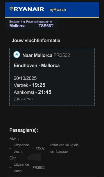 Vliegtickets 2p Eindhoven-Mallorca 20 oktober beschikbaar voor biedingen