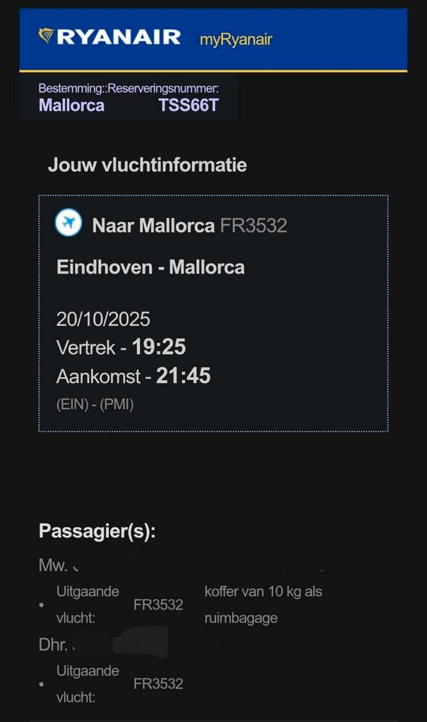 Vliegtickets 2p Eindhoven-Mallorca 20 oktober, Tickets en Kaartjes, Overige Tickets en Kaartjes, Twee personen