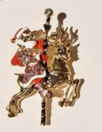Kerst Broche - Gouden Kerstman op Rendier met Strass, Sieraden, Tassen en Uiterlijk, Broches, Overige materialen, 4 tot 7 cm, Ophalen of Verzenden