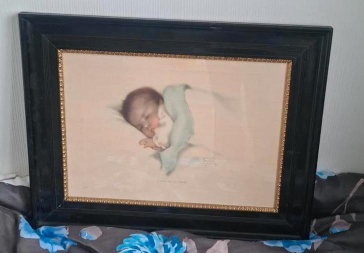 Vintage Print van Slapende Baby in Lijst, Antiek en Kunst, Kunst | Tekeningen en Foto's, Ophalen