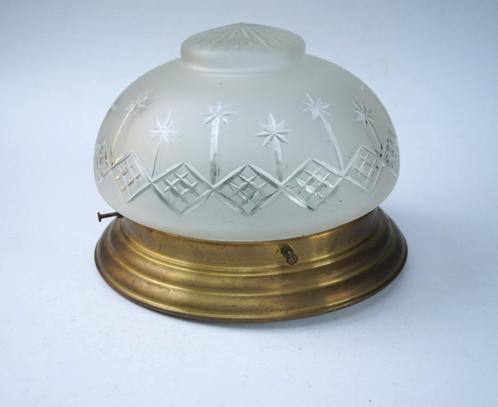 plafonnière giso mat glas geslepen kap vintage messing., Huis en Inrichting, Lampen | Plafondlampen, Gebruikt, Glas, Kunststof