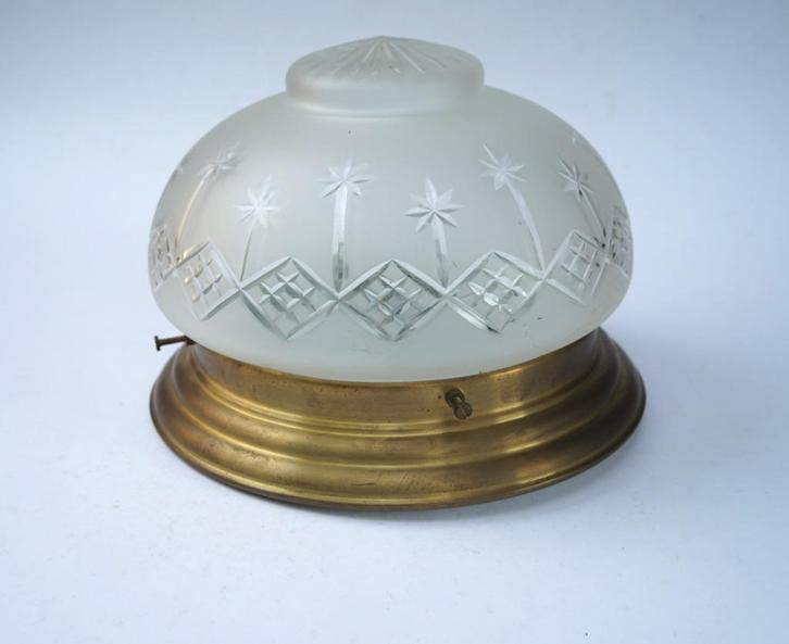 plafonnière giso mat glas geslepen kap vintage messing., Huis en Inrichting, Lampen | Plafondlampen, Gebruikt, Glas, Kunststof
