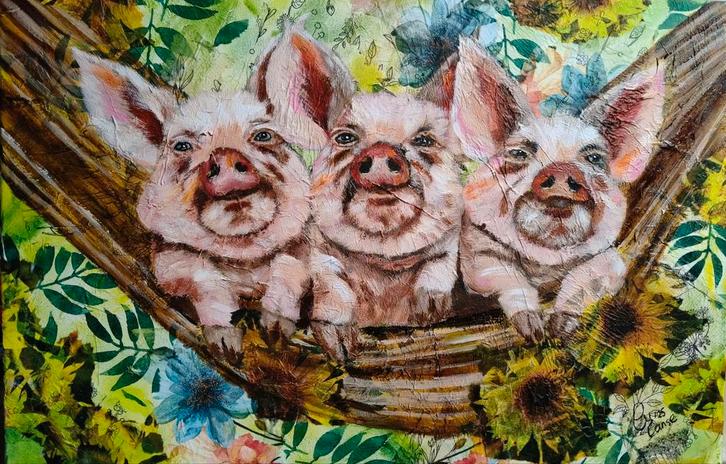Schilderij varkens in een hangmat, Antiek en Kunst, Kunst | Schilderijen | Modern, Ophalen of Verzenden