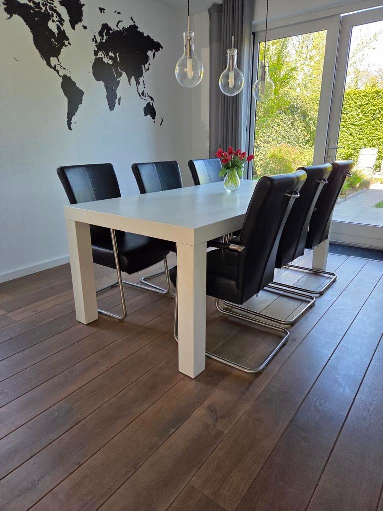 Strakke eettafel en comfortabele stoelen, Ophalen, Gebruikt, 4 tot 6 stoelen