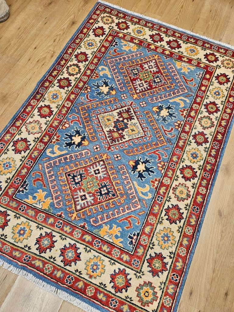 Handgeknoopt oosters tapijt kazak 147x99, Huis en Inrichting, Info@SlatsAntiek.nl, Crème, 100 tot 150 cm, Perzisch