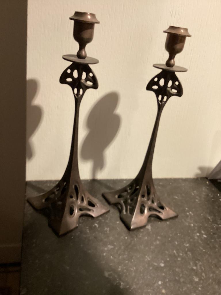 2 Art Nouveau kaarsen kandelaars koper/brons, Ophalen of Verzenden, Koper of Brons