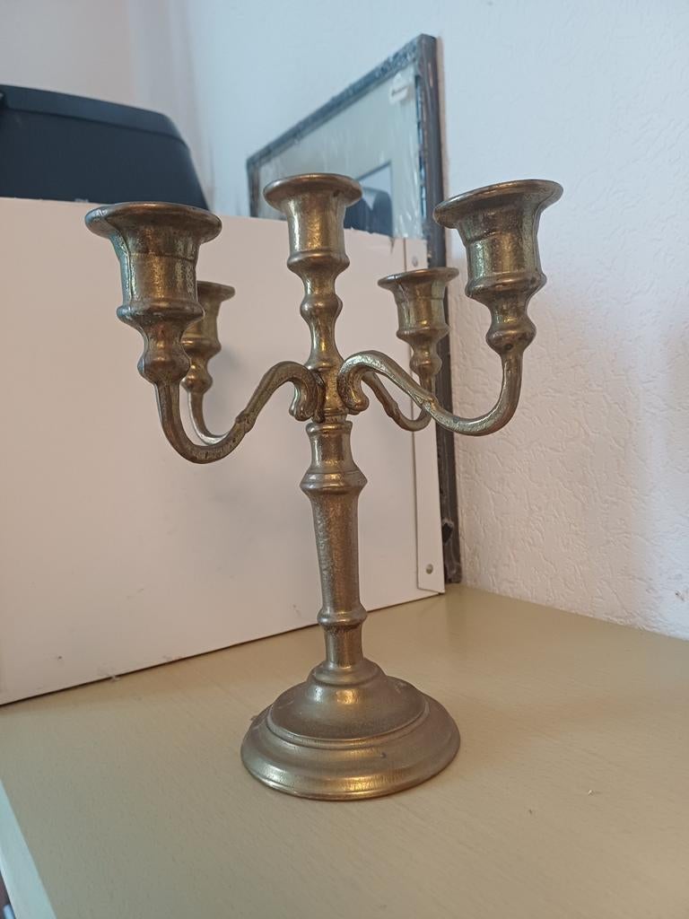 Vintage 5-armige koperkleurige kandelaar - 1393 gram, Antiek en Kunst, Ophalen, Koper of Brons