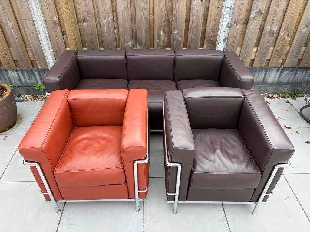Cassina LC2 set 6x fauteuil + bank origineel Le Corbusier, Ophalen, Zo goed als nieuw, Cassina, Leer