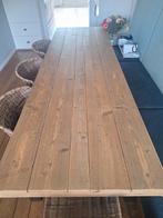 Houten eettafel met metalen onderstel en 8 stoelen, Ophalen of Verzenden, Gebruikt, Rechthoekig, 50 tot 100 cm