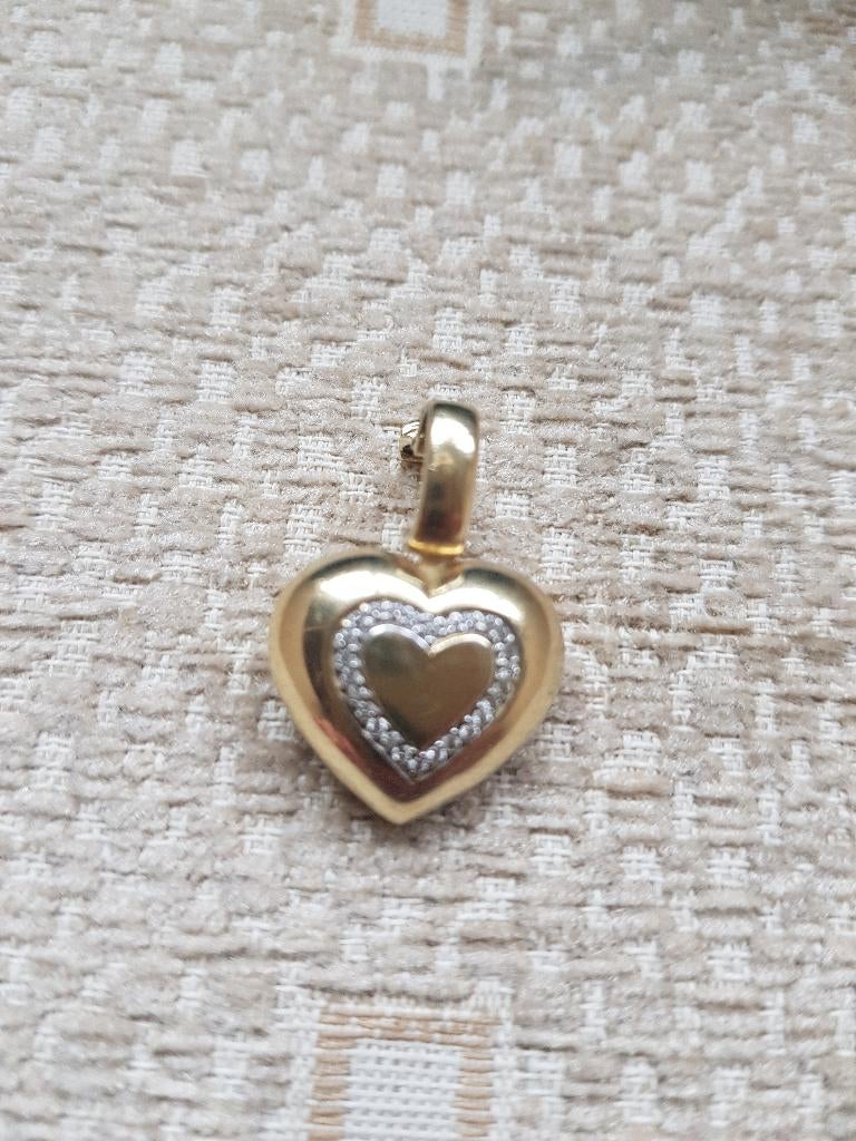 14 krt bicolor harthanger met brilj en clipoog, Nieuw, Ophalen of Verzenden, Hart, Met edelsteen